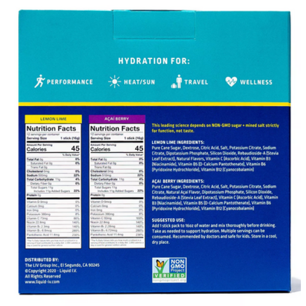 Liquid I.V. Гідратація Збільшувач пакетів з електролітами, Лимонний лайм та Ягода асаї (24 шт.)