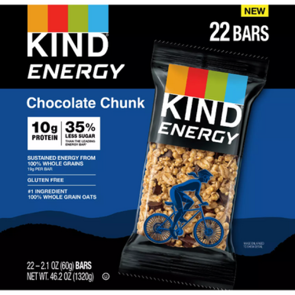 Kind Energy Bars Chocolate Chunk, 22 упаковки: розкішна шоколадна насолода з енергетичними батончиками!