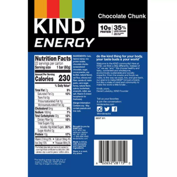 Kind Energy Bars Chocolate Chunk, 22 упаковки: розкішна шоколадна насолода з енергетичними батончиками!